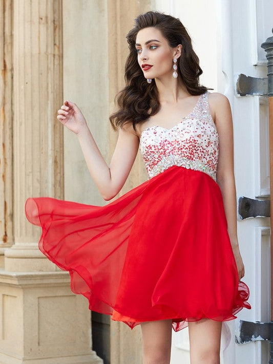 A-Line/Princess One-Shoulder Beading Kierra Homecoming Dresses Chiffon Sleeveless Short/Mini Dresses