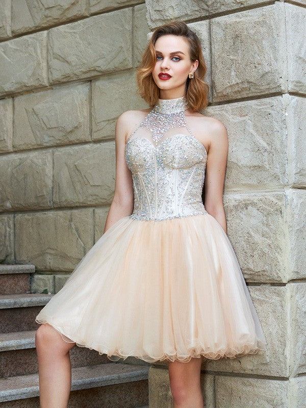 A-Line/Princess Halter Sleeveless Ava Homecoming Dresses Beading Net Short/Mini Dresses