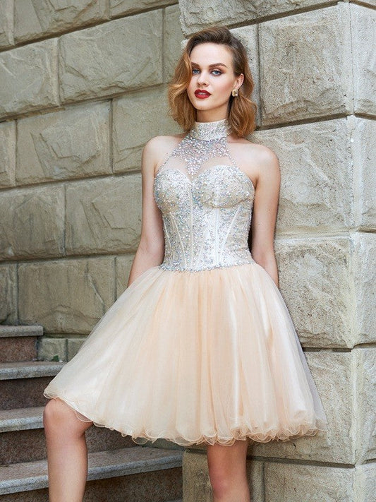 A-Line/Princess Halter Sleeveless Ava Homecoming Dresses Beading Net Short/Mini Dresses