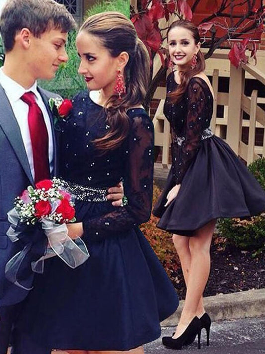 A-Line/Princess Scoop Homecoming Dresses Addison Satin Long Sleeves Short/Mini Beading Dresses