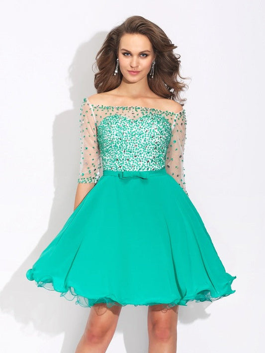 A-Line/Princess Chiffon Homecoming Dresses Kaley Off-The-Shoulder Beading 1/2 Sleeves Short Dresses