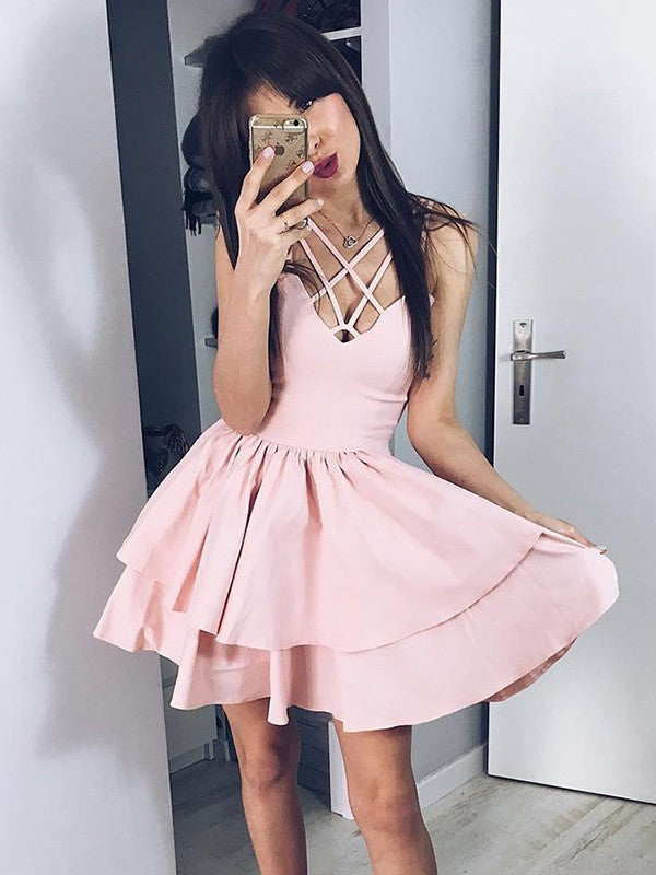 A-Line/Princess Brenna Satin Homecoming Dresses Spaghetti Straps Sleeveless Ruffles Short/Mini Dresses