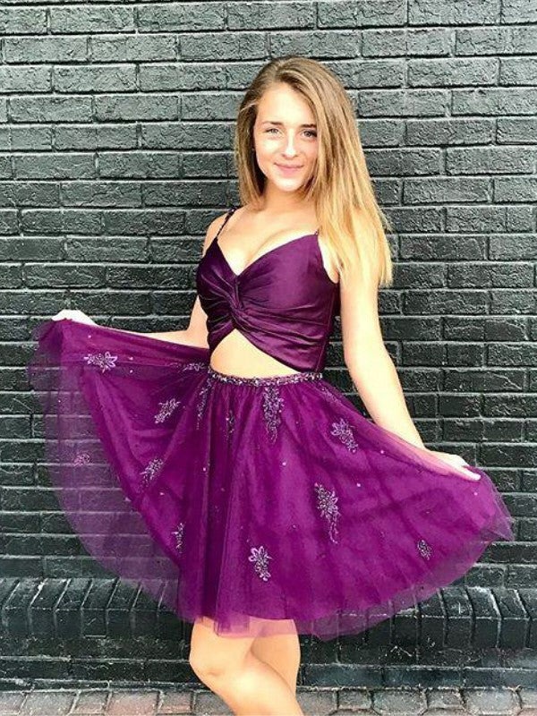 A-Line/Princess Sleeveless Spaghetti Straps Kinley Homecoming Dresses Tulle Beading Short/Mini Two Piece Dresses