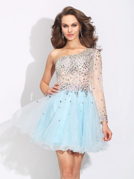 A-Line/Princess One-Shoulder Homecoming Dresses Makena Satin Beading Long Sleeves Short Elastic Woven Dresses