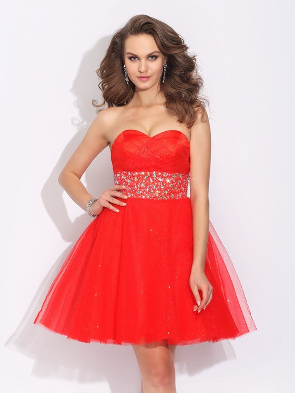 A-Line/Princess Sweetheart Rhinestone Sleeveless Short Net Dresses Homecoming Dresses Lia