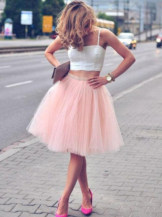 A-Line/Princess Tulle Sleeveless Pleats Spaghetti Straps Knee-Length Rita Homecoming Dresses Two Piece Dresses