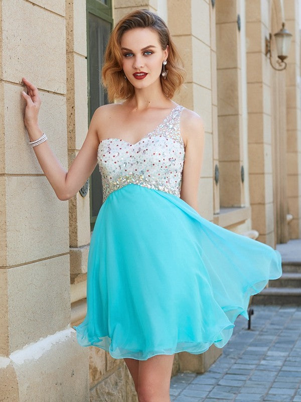 A-Line/Princess Homecoming Dresses Mary Chiffon Sleeveless One-Shoulder Beading Short/Mini Dresses