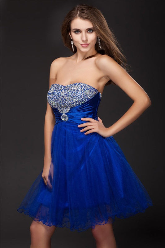 A-Line/Princess Strapless Beading Sleeveless Short Net Elastic Miriam Satin Homecoming Dresses Cocktail Woven Dresses