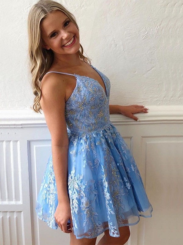 A-Line/Princess Tulle Maia Homecoming Dresses Spaghetti Straps Sleeveless Applique Short/Mini