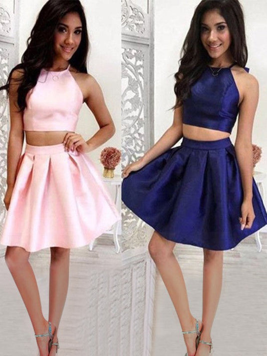 A-Line/Princess Ruffles Halter Sleeveless Short/Mini Two Piece Homecoming Dresses Amiyah Satin Dresses