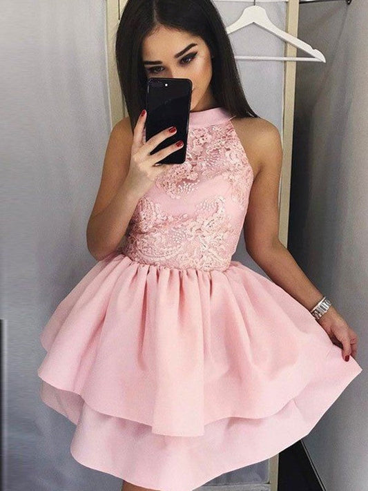 A-Line/Princess Satin Lace Homecoming Dresses Adelaide Jewel Sleeveless Short/Mini Dresses