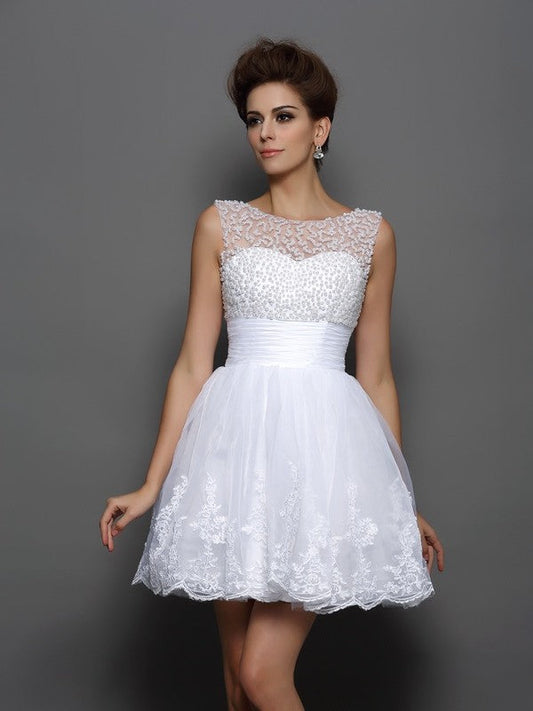 A-Line/Princess Bateau Pearls Sleeveless Short Elastic Cocktail Rosalyn Homecoming Dresses Satin Woven Dresses