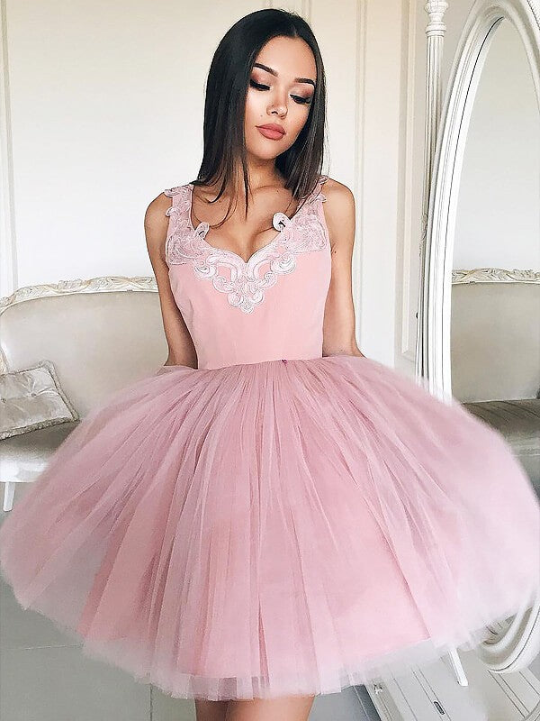 A-Line/Princess Tatum Homecoming Dresses V-Neck Sleeveless Tulle Short/Mini Dresses