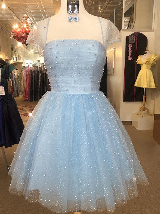 A-Line/Princess Tulle Strapless Short Sleeves Beading Homecoming Dresses Amelia Short/Mini