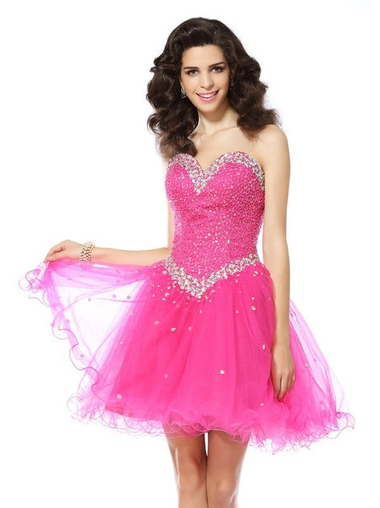 A-Line/Princess Sweetheart Beading Sleeveless Short Dresses Satin Cocktail Elisa Homecoming Dresses