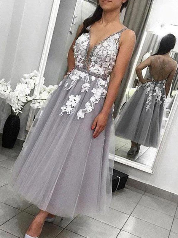 A-Line/Princess Tulle Spaghetti Straps Sleeveless Applique Ankle-Length Jakayla Homecoming Dresses