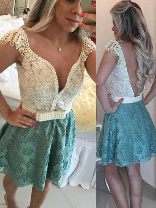 A-Line/Princess Sleeveless V-Neck Beading Short/Mini Dresses Homecoming Dresses Haley Lace