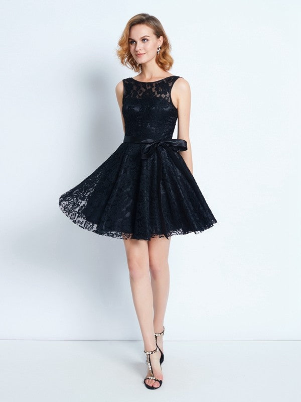 A-Line/Princess Scoop Sleeveless Lace Homecoming Dresses Nathalia Sash/Ribbon/Belt Short/Mini Dresses