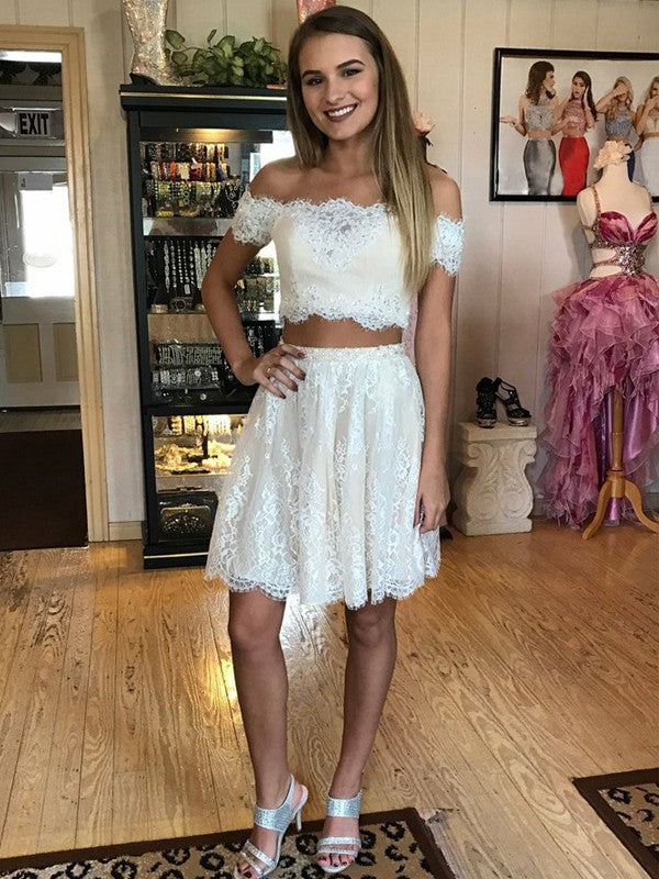 A-Line/Princess Off-The-Shoulder Sleeveless Short/Mini Two Piece Dresses Areli Homecoming Dresses Lace