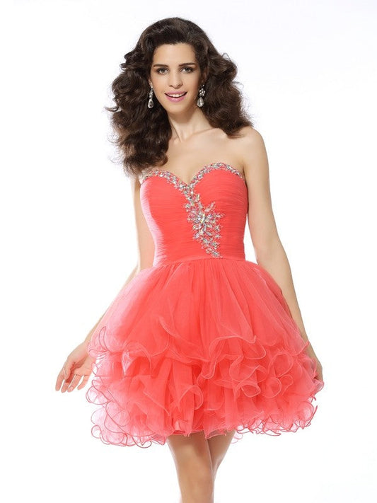 A-Line/Princess Sweetheart Ruffles Homecoming Dresses Cocktail Kailee Satin Sleeveless Short Dresses