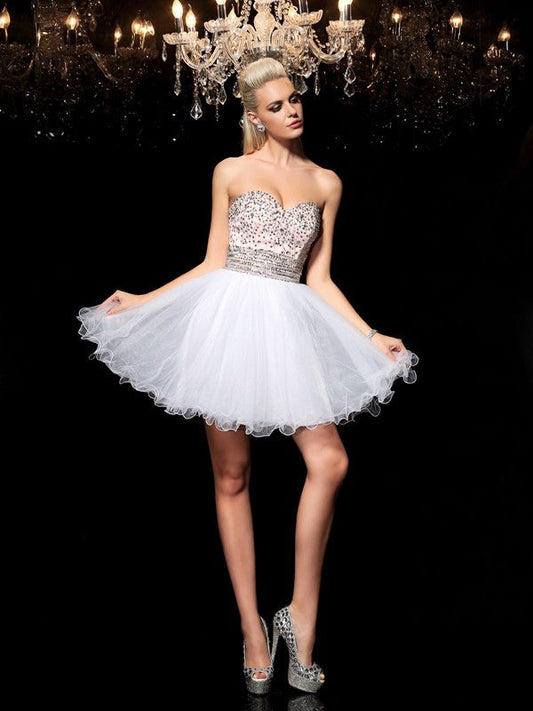 A-Line/Princess Sweetheart Beading Homecoming Dresses Natasha Cocktail Sleeveless Short Net Dresses