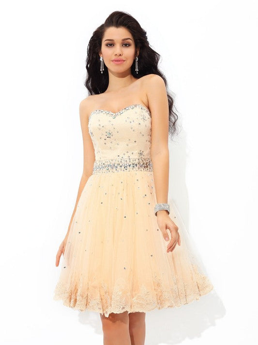 A-Line/Princess Sweetheart Beading Sleeveless Cocktail Satin Homecoming Dresses Armani Short Dresses