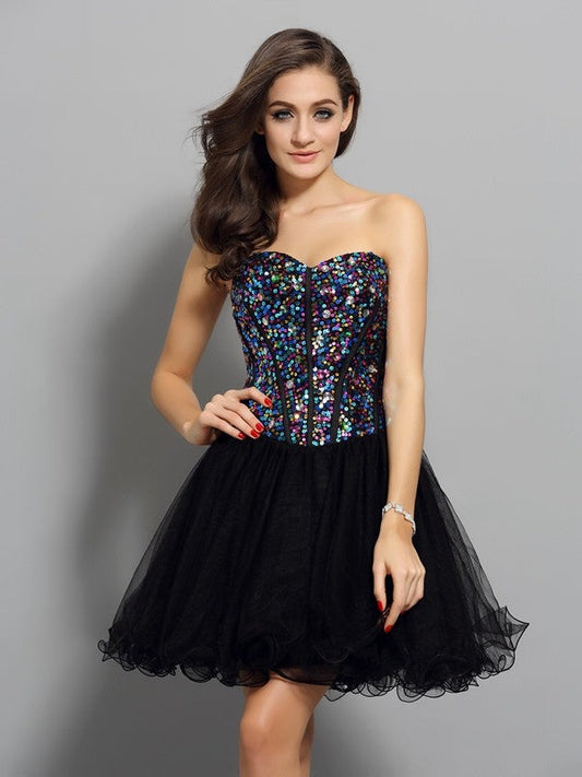 A-Line/Princess Sweetheart Ruffles Sleeveless Short Net Cocktail Ally Homecoming Dresses Dresses