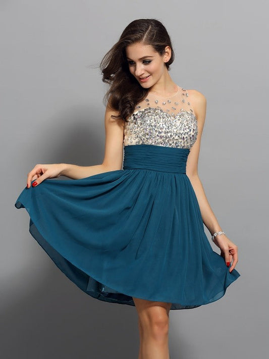 A-Line/Princess Homecoming Dresses Cocktail Chiffon Dahlia Bateau Rhinestone Sleeveless Short Dresses