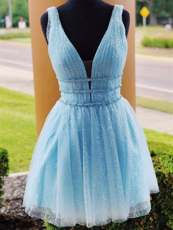 Homecoming Dresses Jacey A-Line/Princess Tulle Beading V-Neck Sleeveless Short/Mini