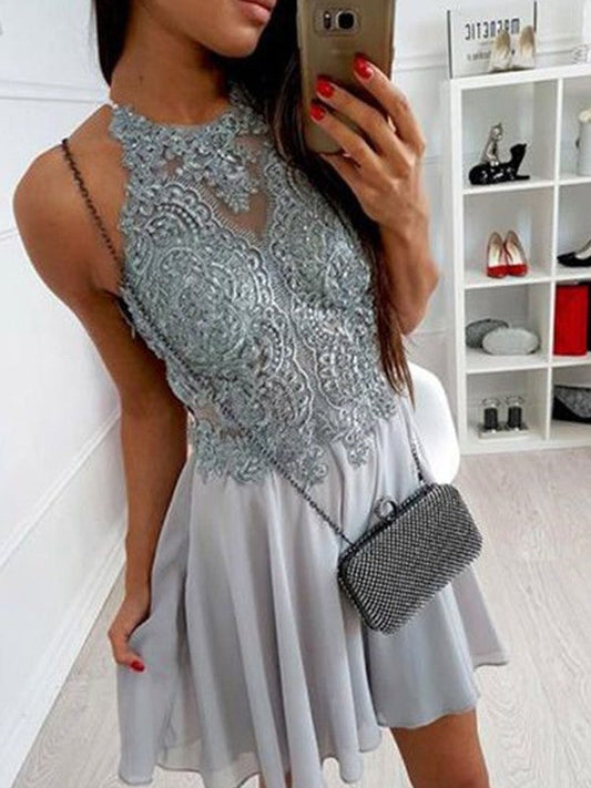 A-Line/Princess Halter Applique Homecoming Dresses Chiffon Addisyn Sleeveless Short/Mini Dresses