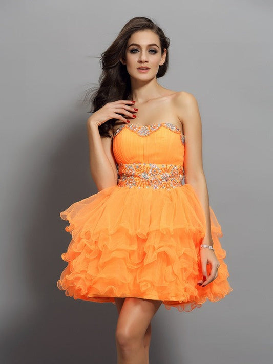 A-Line/Princess Sweetheart Ruffles Sleeveless Short Dresses Homecoming Dresses Satin Cocktail Charlize