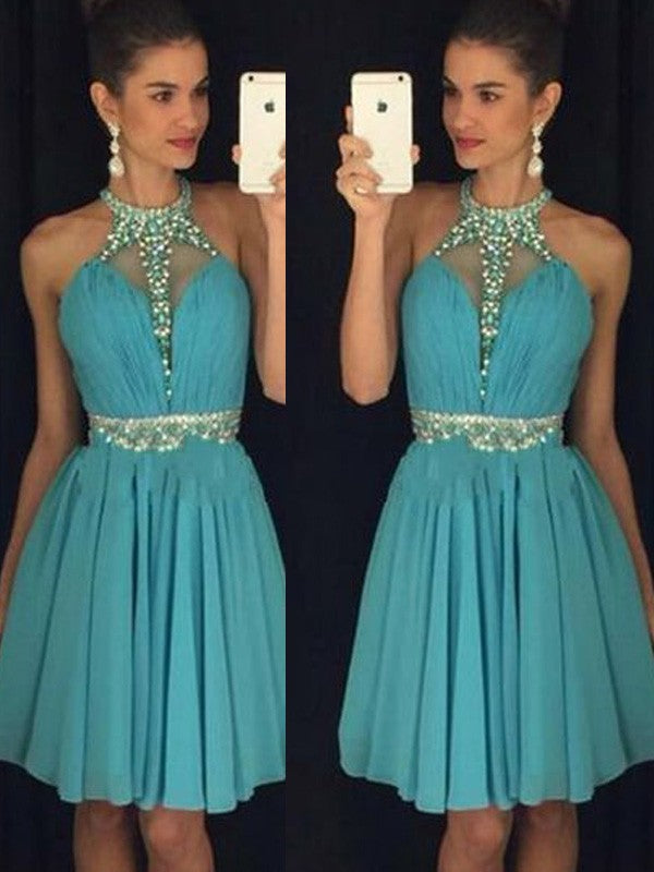 A-Line/Princess Sleeveless Homecoming Dresses Kamryn Chiffon Halter Short/Mini Beading Dresses