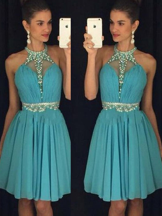 A-Line/Princess Sleeveless Homecoming Dresses Kamryn Chiffon Halter Short/Mini Beading Dresses