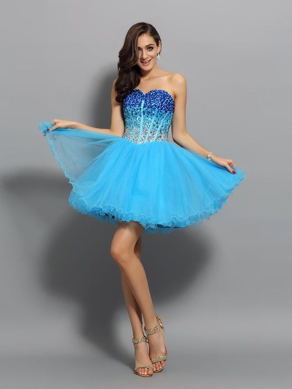 A-Line/Princess Cocktail Thirza Homecoming Dresses Satin Sweetheart Ruffles Sleeveless Short Dresses