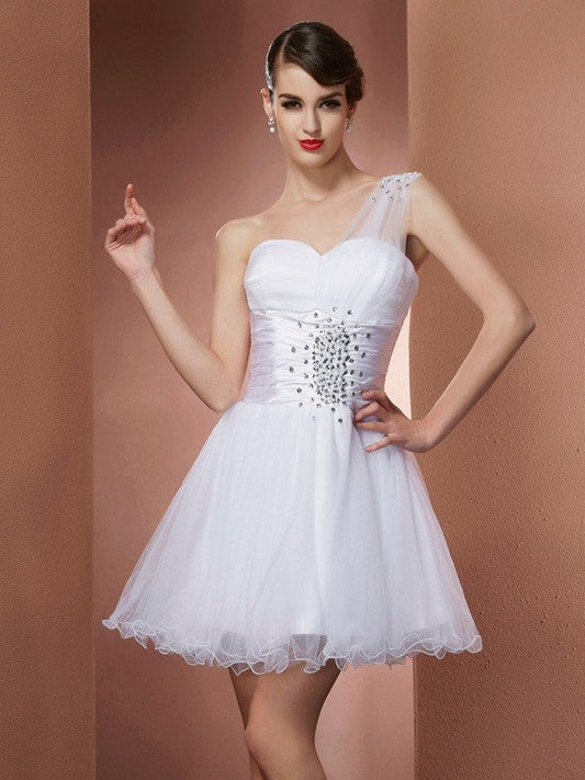 A-Line/Princess Homecoming Dresses Hannah One-Shoulder Sleeveless Beading Short Net