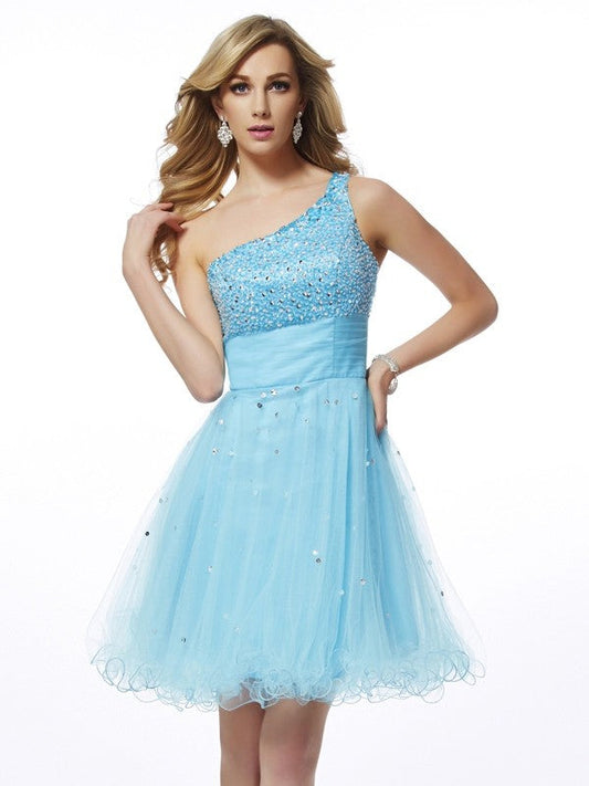 A-Line/Princess One-Shoulder Sleeveless Beading Brenda Homecoming Dresses Short Organza