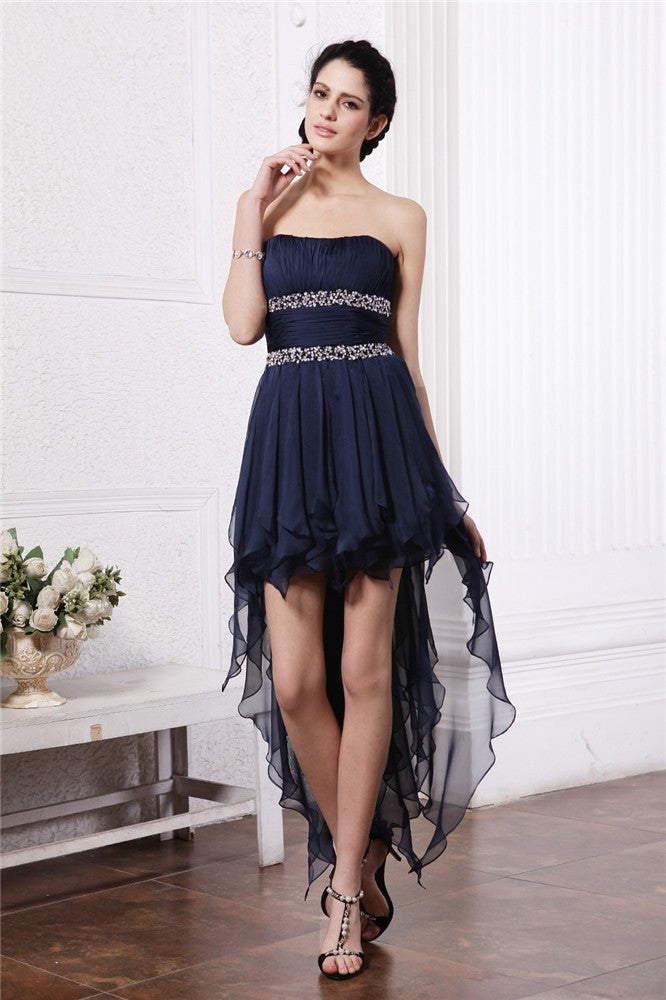 Sheath/Column Strapless Sleeveless Beading High Low Cocktail Jamie Homecoming Dresses Chiffon Dresses