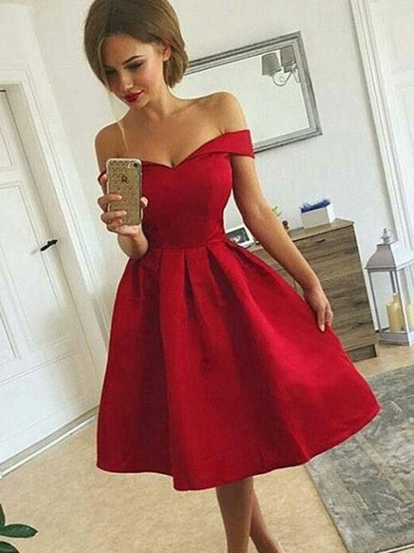 A-Line/Princess Off-The-Shoulder Sleeveless Ruched Meg Homecoming Dresses Satin Knee-Length Dresses