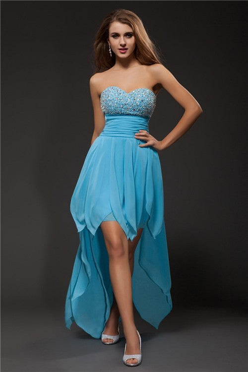 A-Line/Princess Sweetheart Beading Sleeveless Homecoming Dresses Alessandra Cocktail Chiffon High Low Dresses