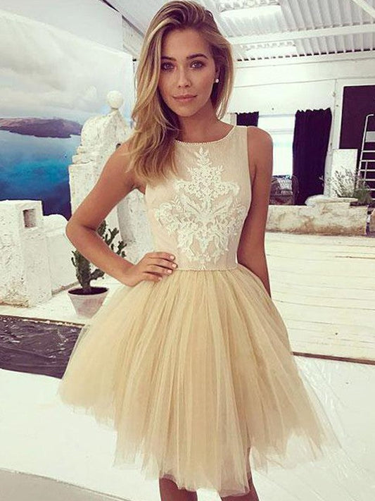 A-Line/Princess Sleeveless Bateau Tulle Applique Short/Mini Homecoming Dresses Jewel Dresses