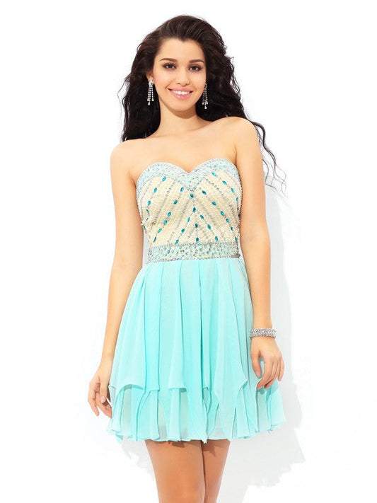 A-Line/Princess Sweetheart Beading Cocktail Chiffon Alexandra Homecoming Dresses Short Sleeveless Dresses