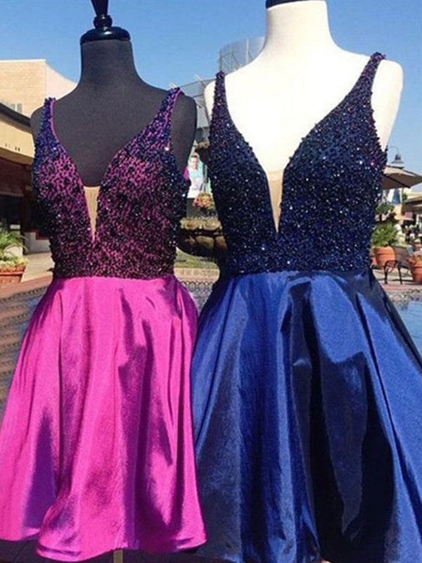 A-Line/Princess Sleeveless V-Neck Beading Short/Mini Dresses Ashlynn Satin Homecoming Dresses