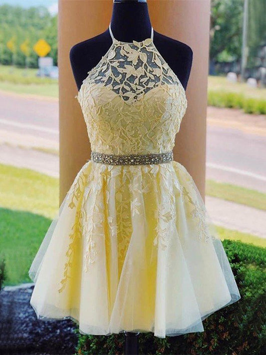 A-Line/Princess Tulle Halter Sleeveless Applique Short/Mini Homecoming Dresses Marie