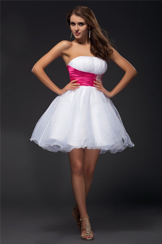 A-Line/Princess Strapless Sleeveless Homecoming Dresses Cocktail Satin Cara Beading Sash Short Organza Elastic Woven Dresses