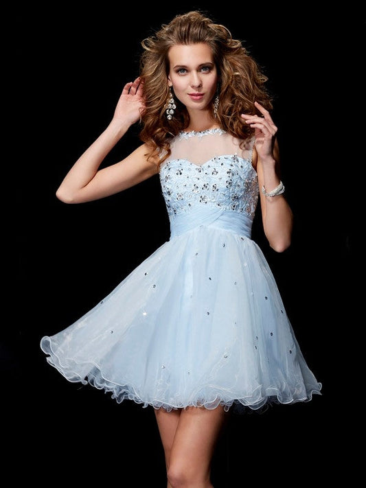 A-Line/Princess Scoop Sleeveless Beading Satin Homecoming Dresses Trudie Short Elastic Woven