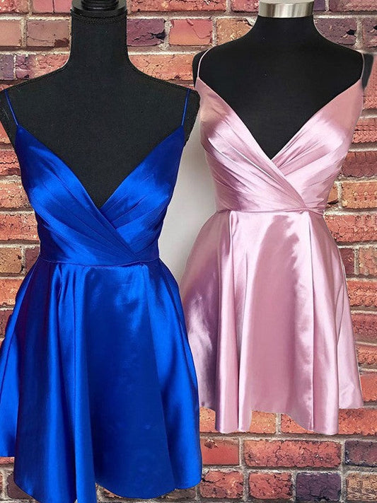 A-Line/Princess Spaghetti Straps Sleeveless Ruffles Satin Homecoming Dresses Amirah Short/Mini