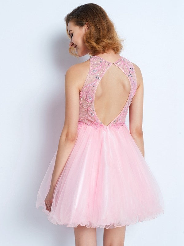 A-Line/Princess Sleeveless Jewel Short/Mini Homecoming Dresses Cecilia Net Ruffles Dresses