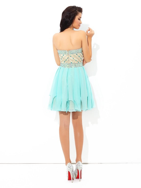 A-Line/Princess Sweetheart Beading Cocktail Chiffon Alexandra Homecoming Dresses Short Sleeveless Dresses