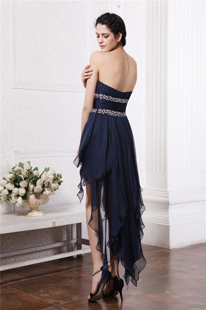 Sheath/Column Strapless Sleeveless Beading High Low Cocktail Jamie Homecoming Dresses Chiffon Dresses