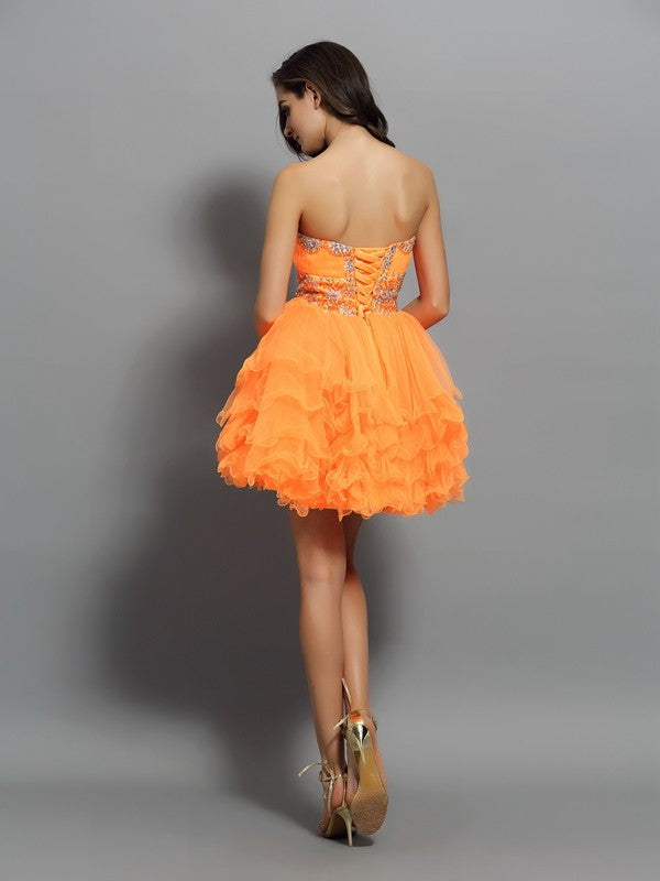 A-Line/Princess Sweetheart Ruffles Sleeveless Short Dresses Homecoming Dresses Satin Cocktail Charlize